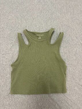 American Eagle Ribbed Double Strap Cropped Tank Top Green Size Small